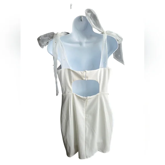 Lulus Beaming Perfection White Pearl Organza Tie-Strap Mini Dress Wedding Size M - Picture 3 of 4